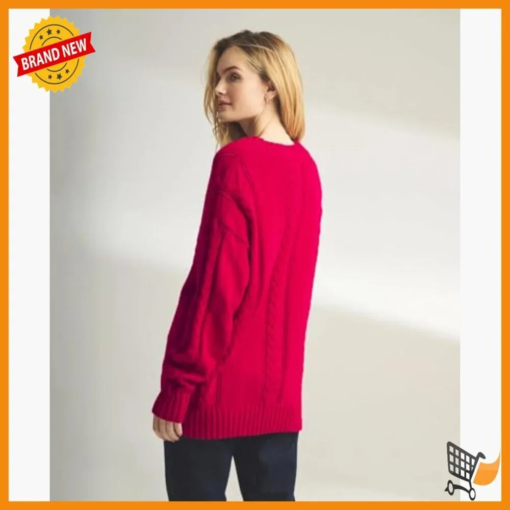 Relaxed Fit Cable Knit Cardigan, Long Sleeve Button Front, Tunic Length
